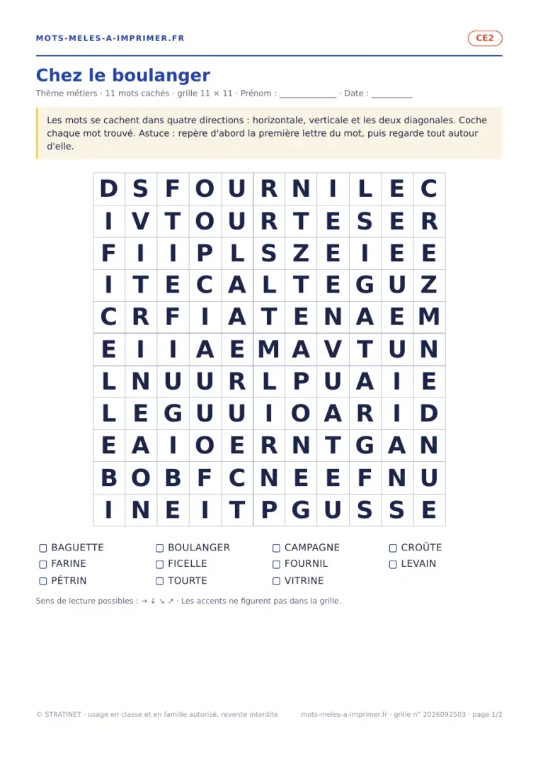 Rendu réel de la page 1 du PDF : la grille Chez le boulanger à remplir
