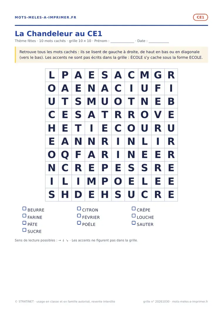 Rendu réel de la fiche imprimable La Chandeleur au CE1