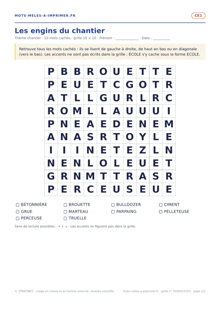Rendu réel de la page 1 du PDF : la grille Les engins du chantier à remplir