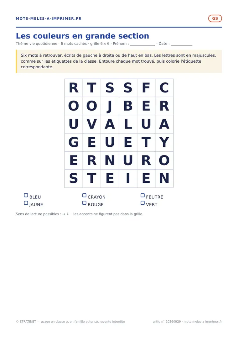 Rendu réel de la fiche imprimable Les couleurs en grande section