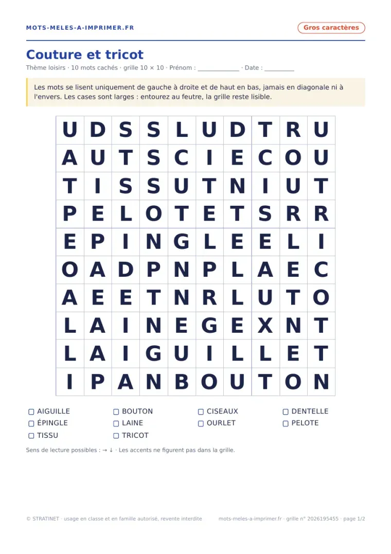Rendu réel de la page 1 du PDF : la grille Couture et tricot à remplir