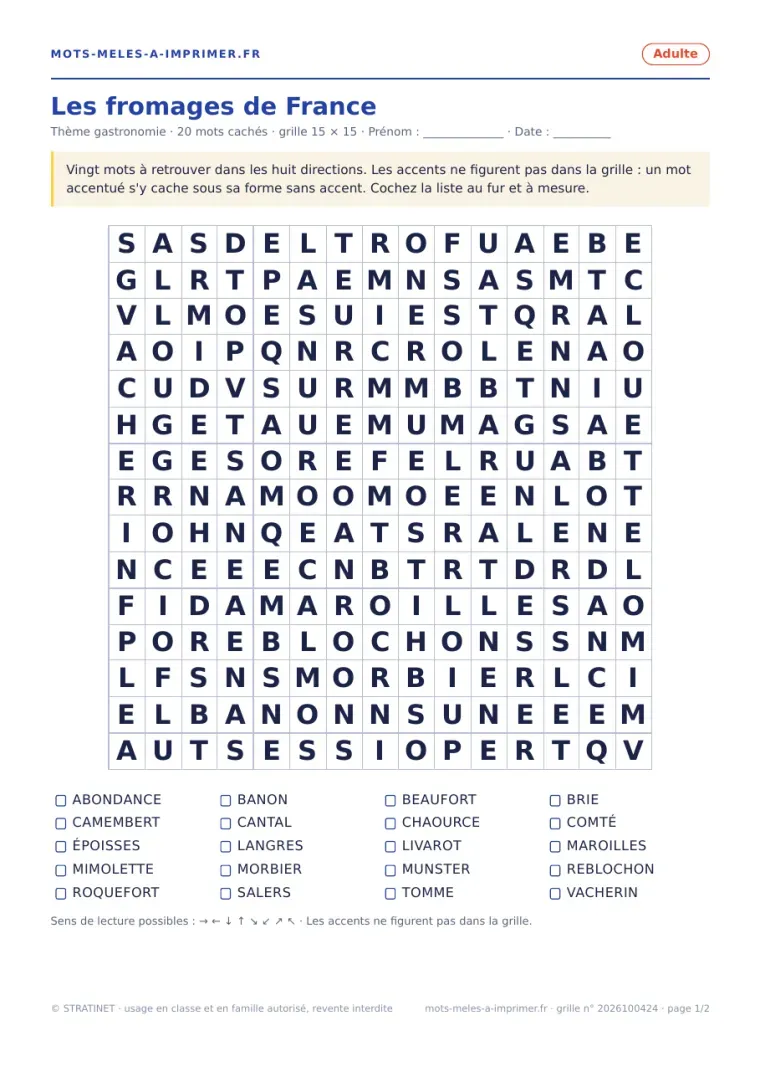 Rendu réel de la page 1 du PDF : la grille Les fromages de France à remplir