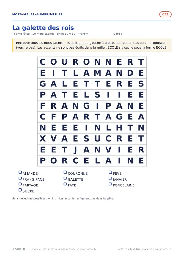 Rendu réel de la fiche imprimable La galette des rois