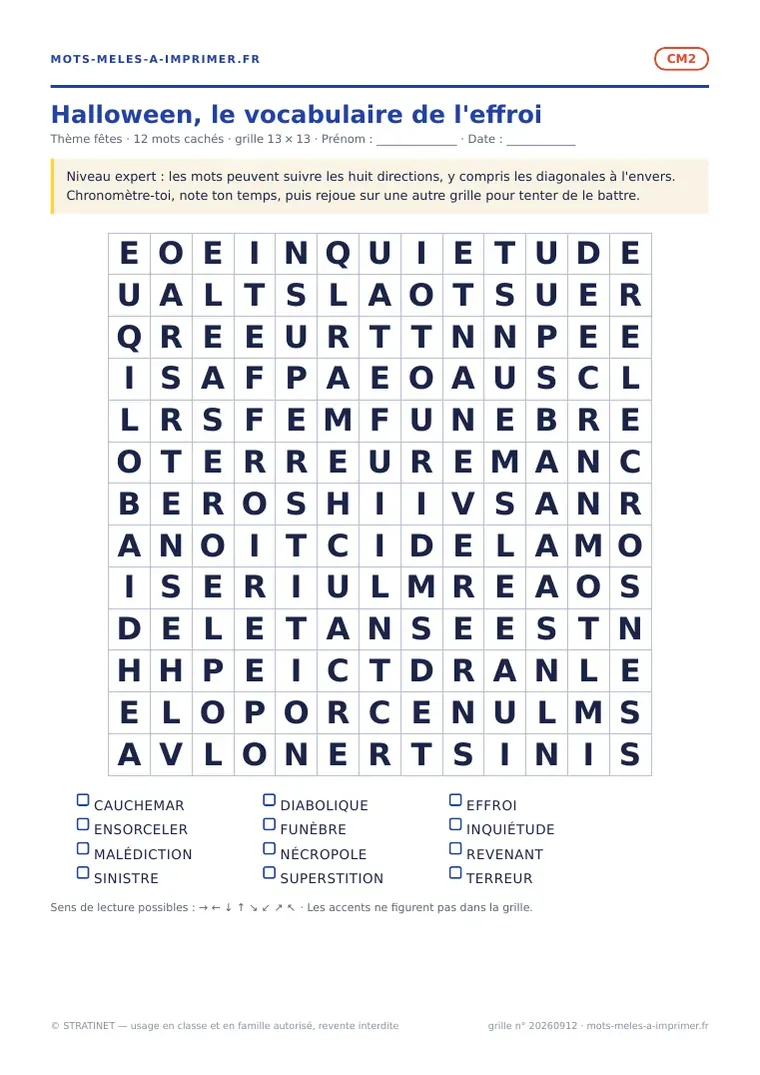 Rendu réel de la fiche imprimable Halloween, le vocabulaire de l'effroi