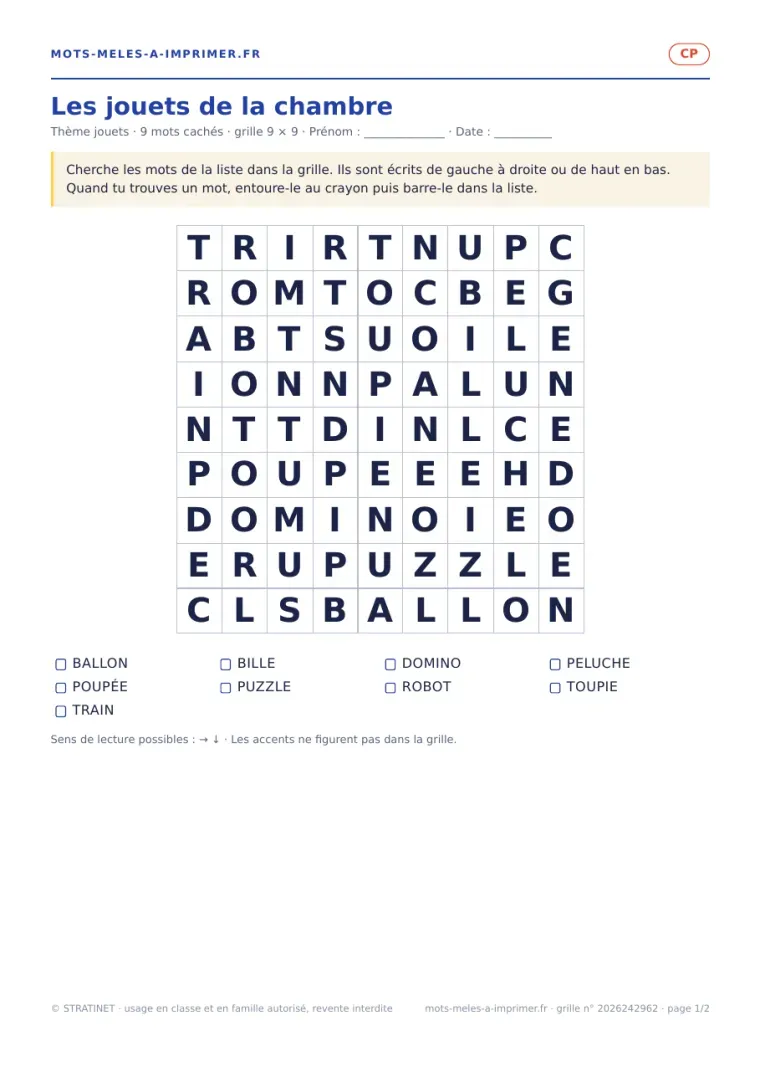 Rendu réel de la page 1 du PDF : la grille Les jouets de la chambre à remplir