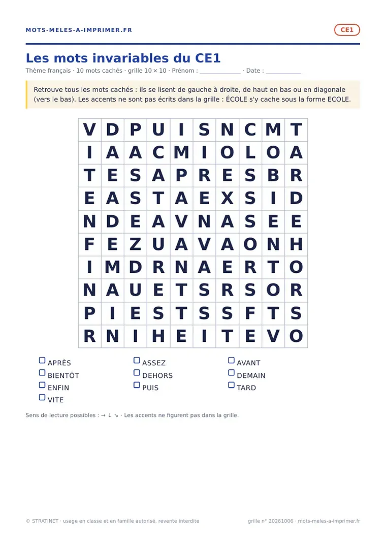 Rendu réel de la fiche imprimable Les mots invariables du CE1