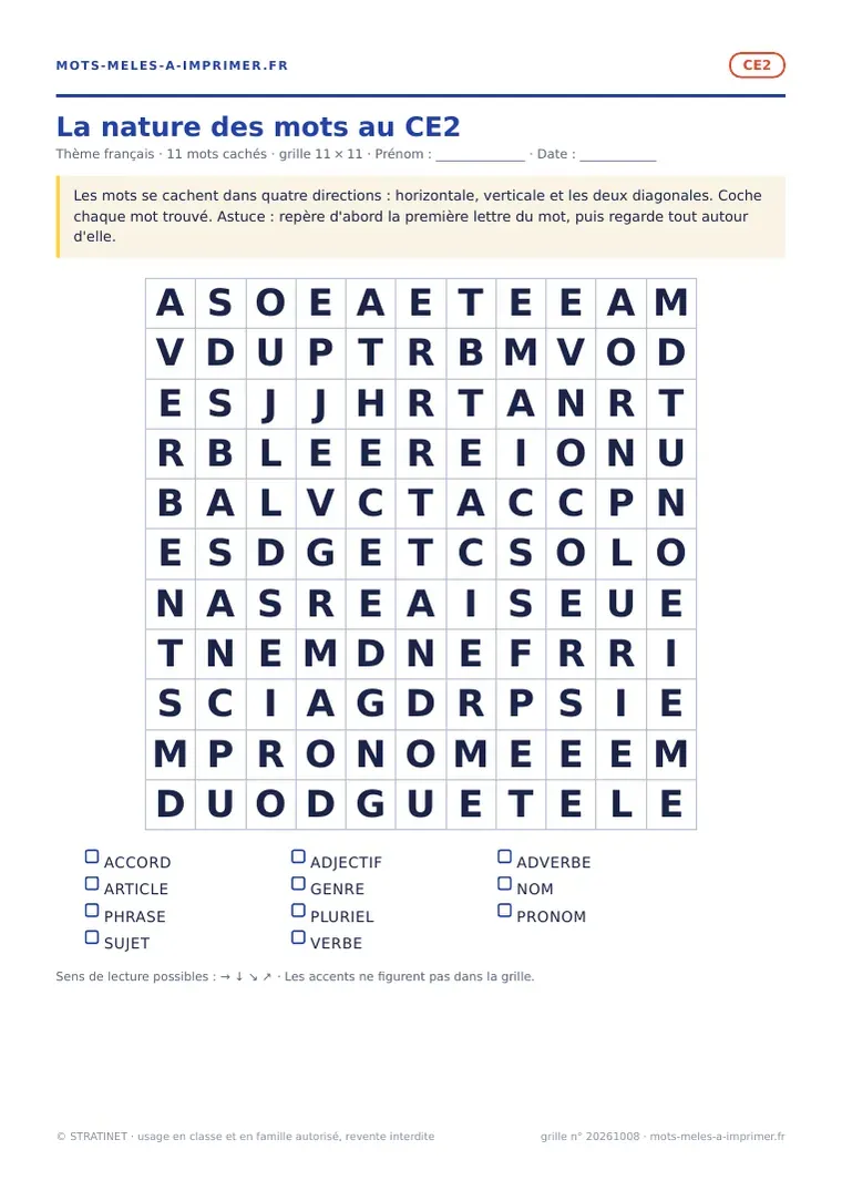 Rendu réel de la fiche imprimable La nature des mots au CE2