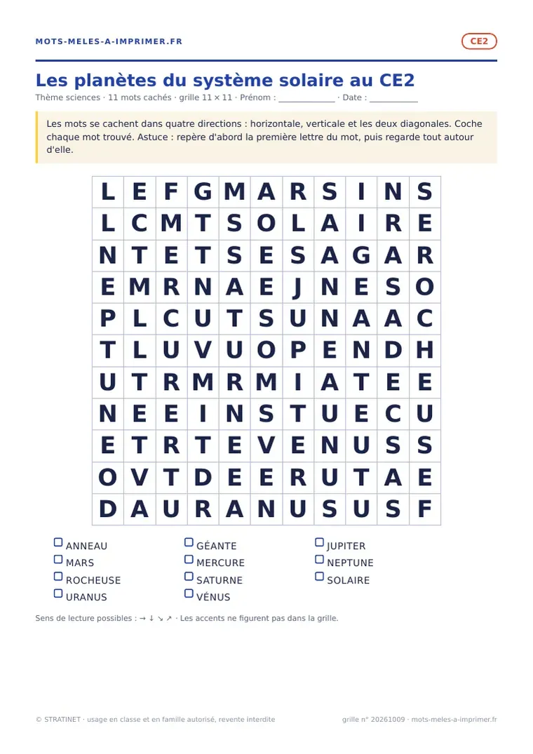 Rendu réel de la fiche imprimable Les planètes du système solaire au CE2
