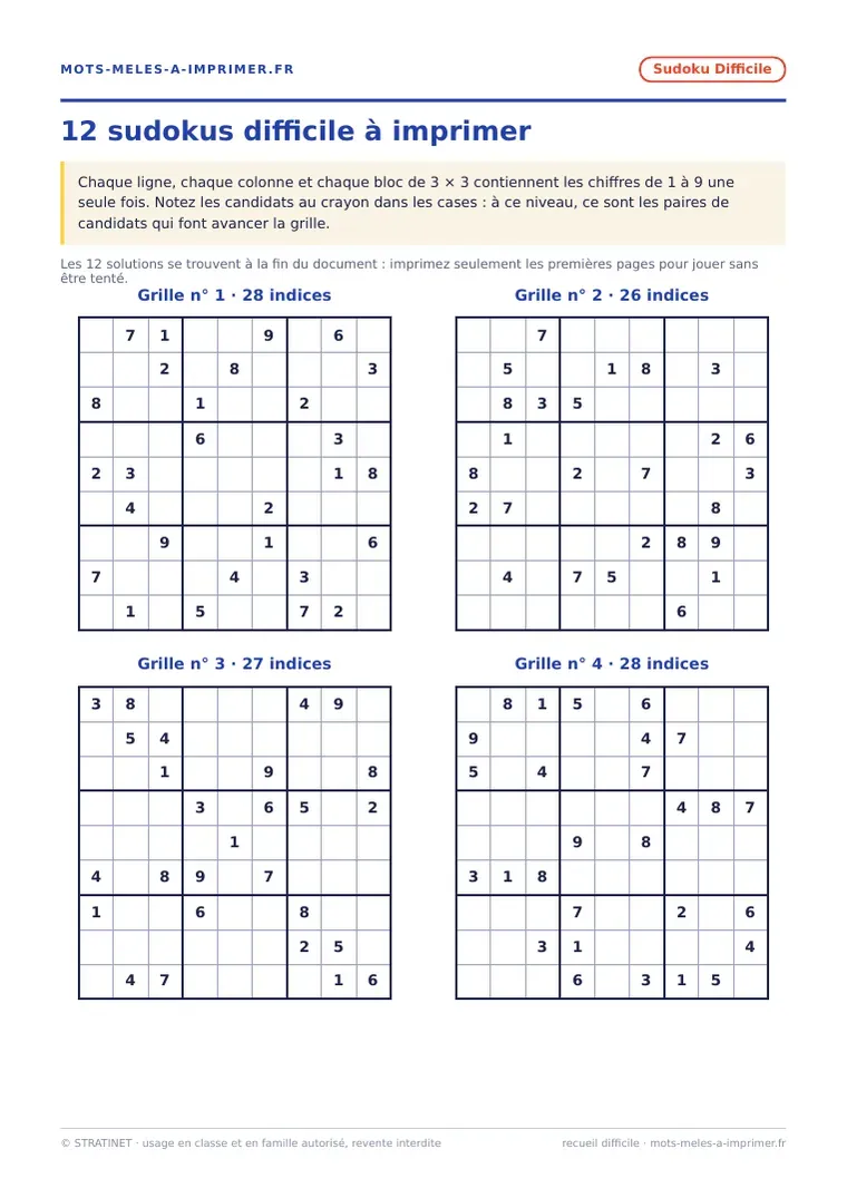 Première page du recueil de sudokus difficile