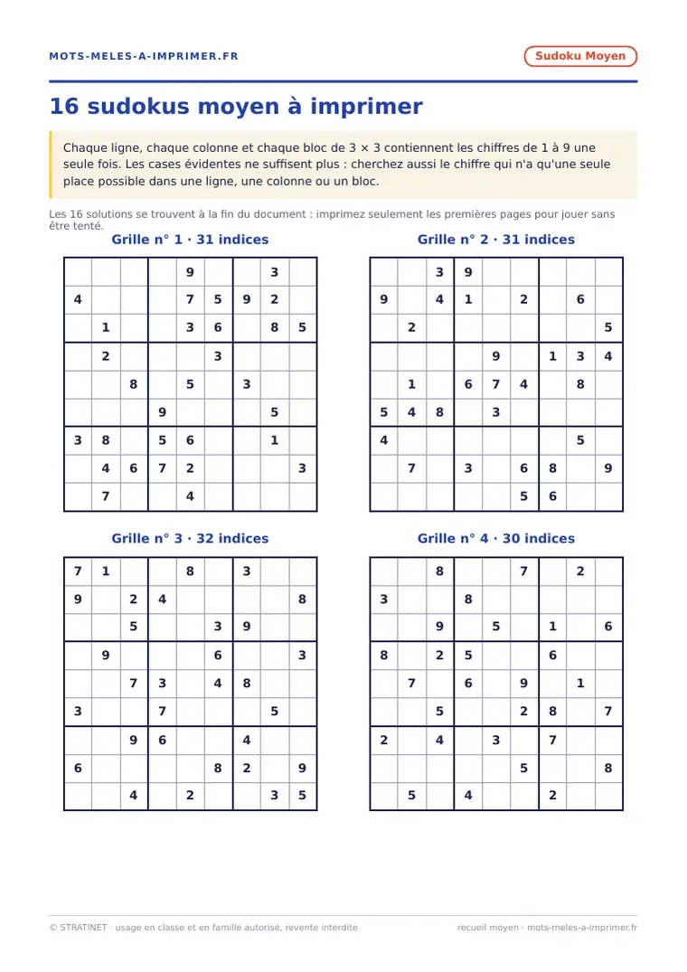 Première page du recueil de sudokus moyen