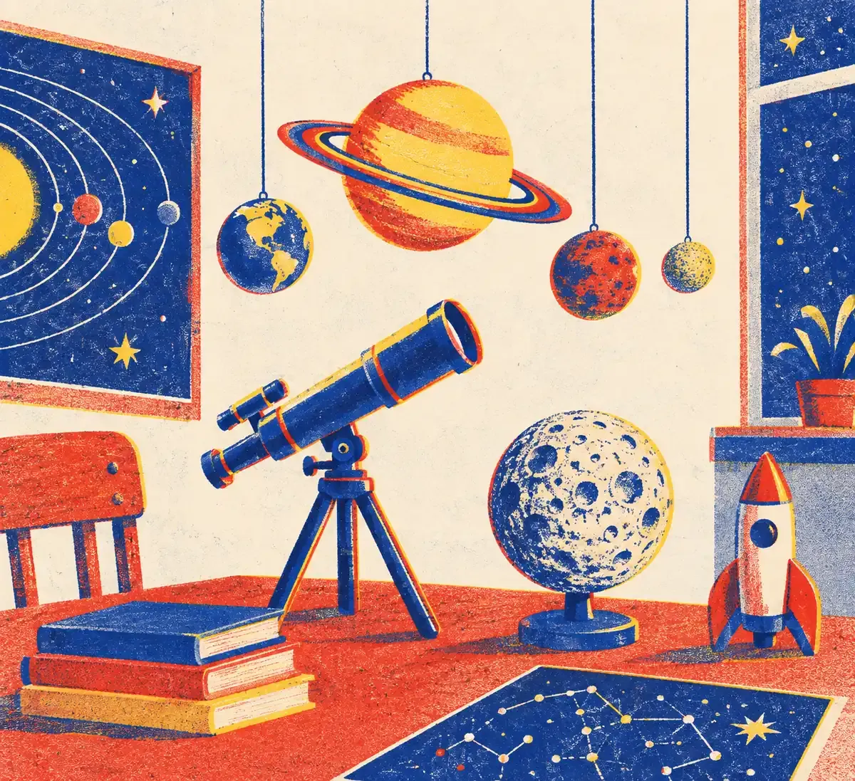 Illustration en risographie quatre encres sur papier crème représentant une fusée, une planète à anneaux et un télescope, tracés en bleu encre, rouge tomate et jaune surligneur.