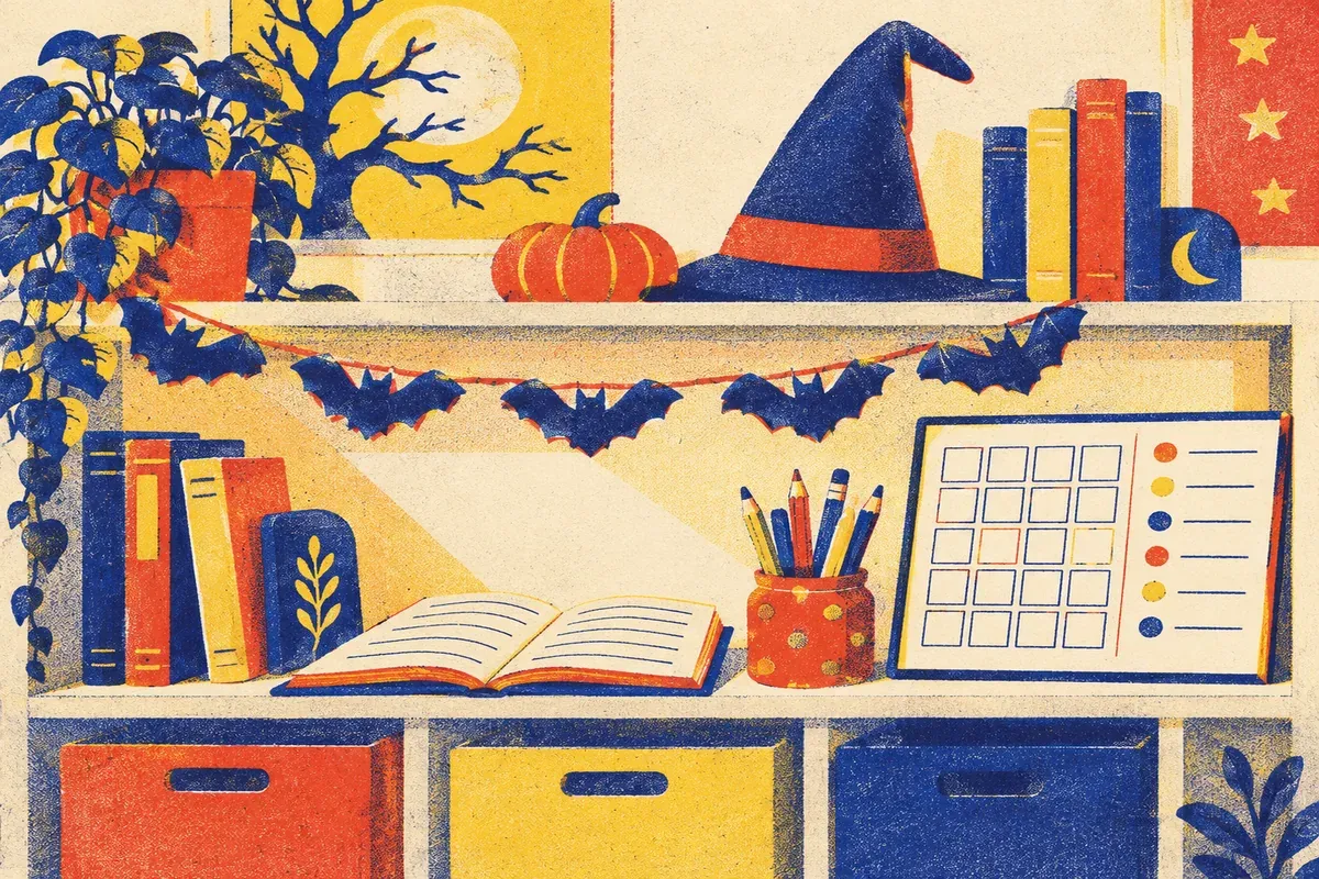 Illustration en risographie sur papier crème, bleu encre, rouge tomate et jaune surligneur : une étagère de classe décorée d'une guirlande de chauves-souris, avec une citrouille, un chapeau pointu et un pot de crayons.