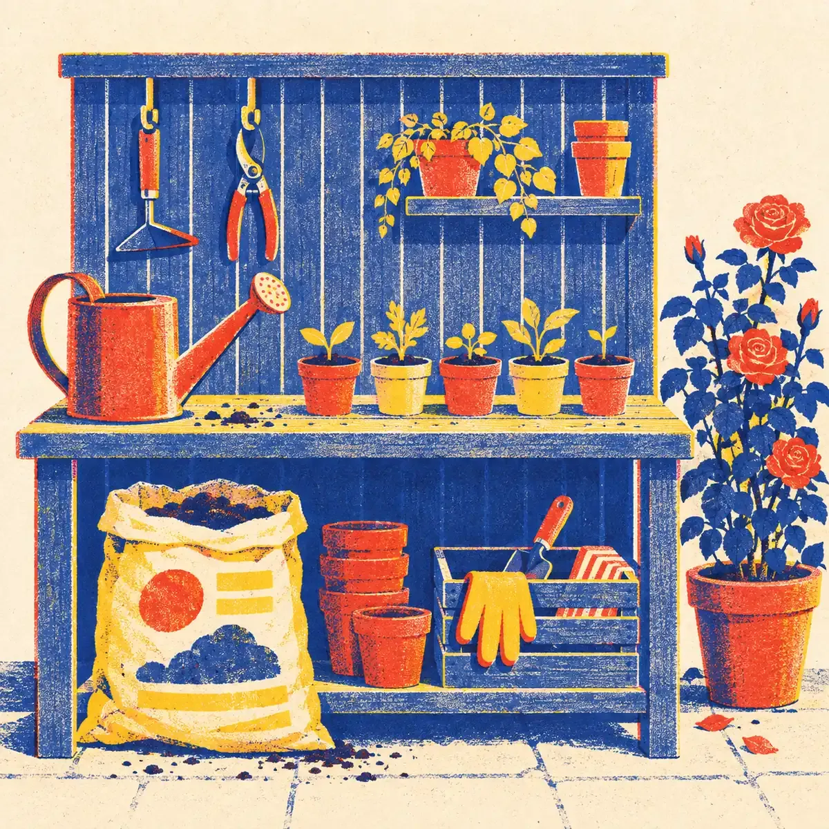 Illustration en risographie quatre encres, papier crème, bleu encre, rouge tomate et jaune surligneur, montrant un arrosoir, un sécateur ouvert et un rateau posés sur un rang de terreau retourné.