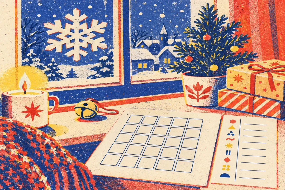 Illustration en risographie sur papier crème, bleu encre, rouge tomate et jaune surligneur : un rebord de fenêtre d'hiver avec un flocon en papier, un petit sapin en pot, des paquets cadeaux et une cloche.