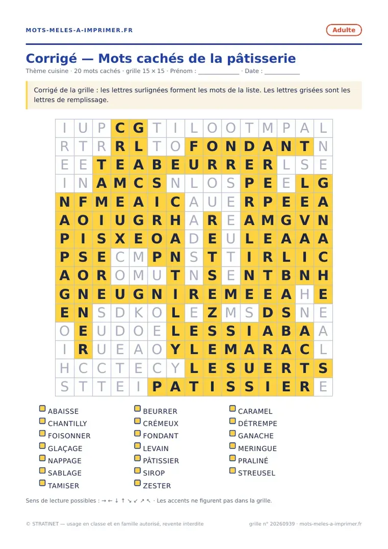 Rendu réel du corrigé de la fiche Mots cachés de la pâtisserie