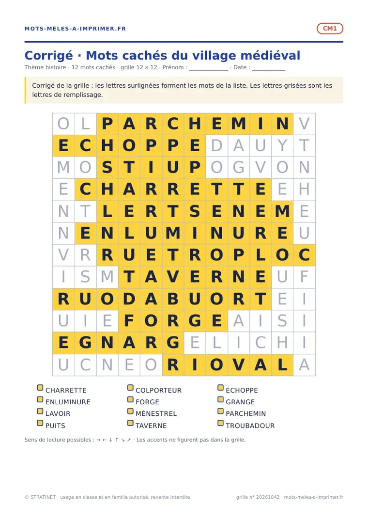 Rendu réel du corrigé de la fiche Mots cachés du village médiéval