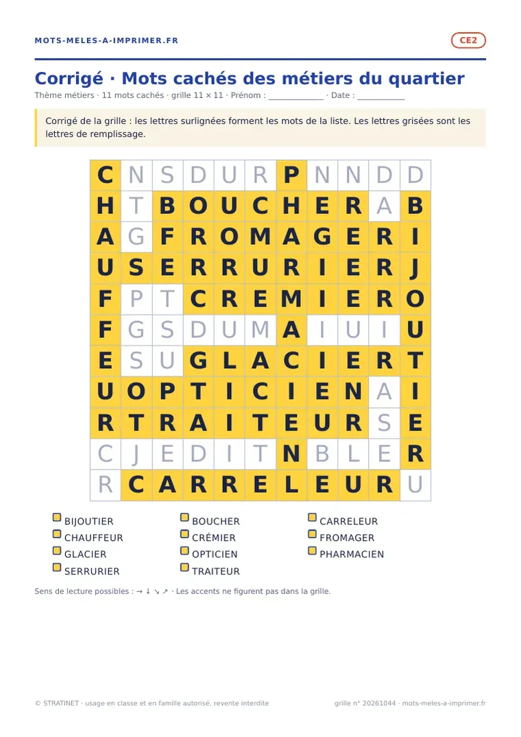 Rendu réel du corrigé de la fiche Mots cachés des métiers du quartier