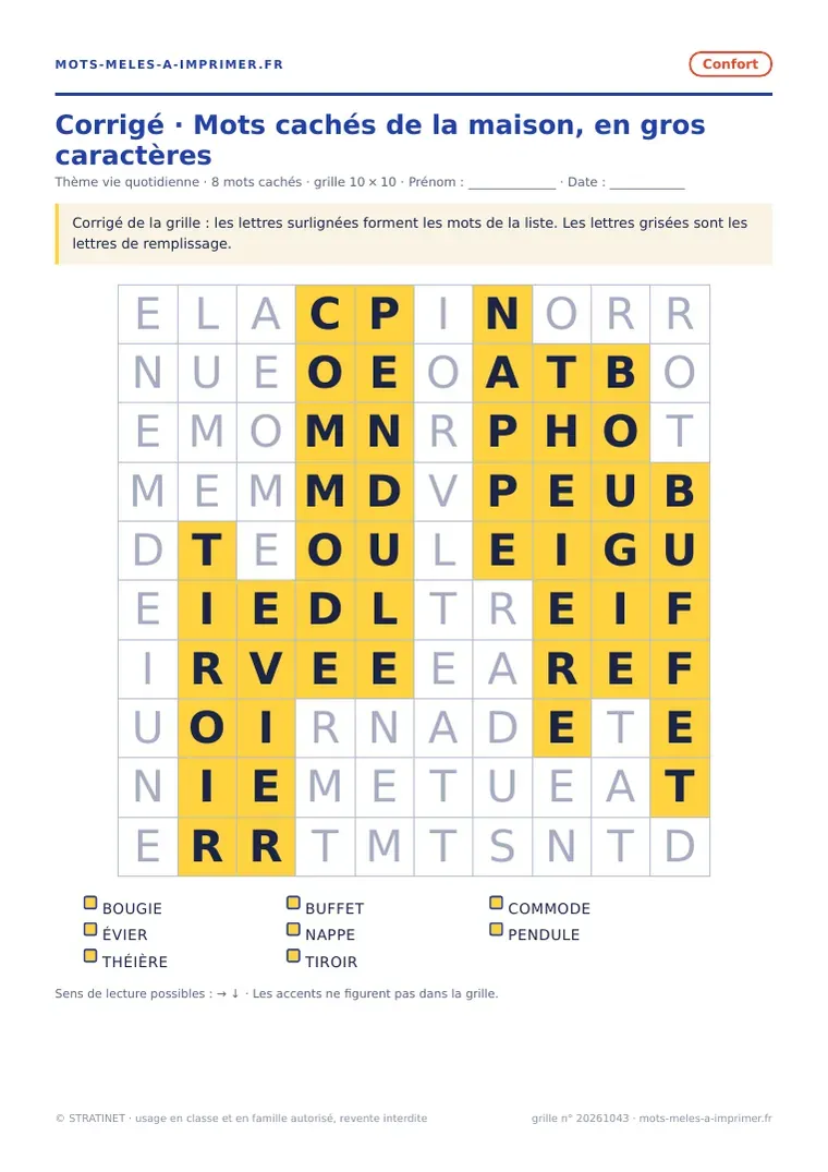Rendu réel du corrigé de la fiche Mots cachés de la maison, en gros caractères