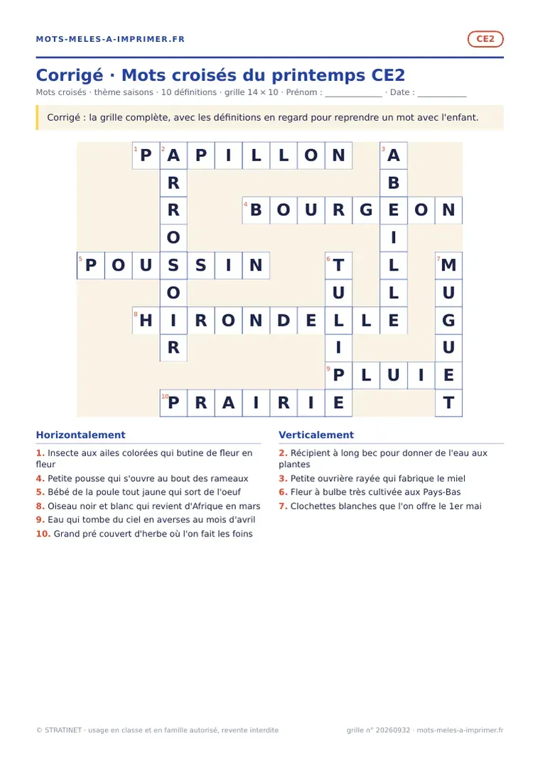 Rendu réel du corrigé de la fiche Mots croisés du printemps CE2