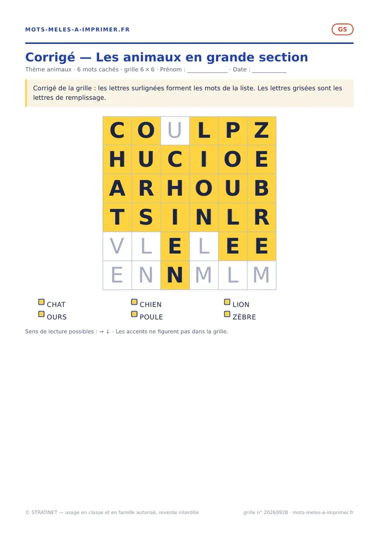 Rendu réel du corrigé de la fiche Les animaux en grande section