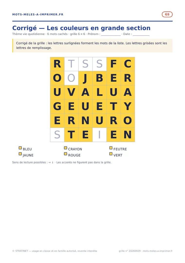 Rendu réel du corrigé de la fiche Les couleurs en grande section