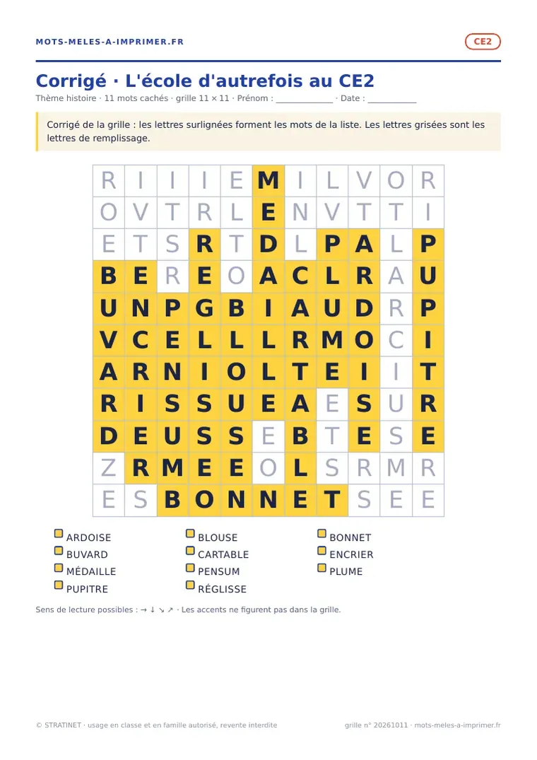 Rendu réel du corrigé de la fiche L'école d'autrefois au CE2
