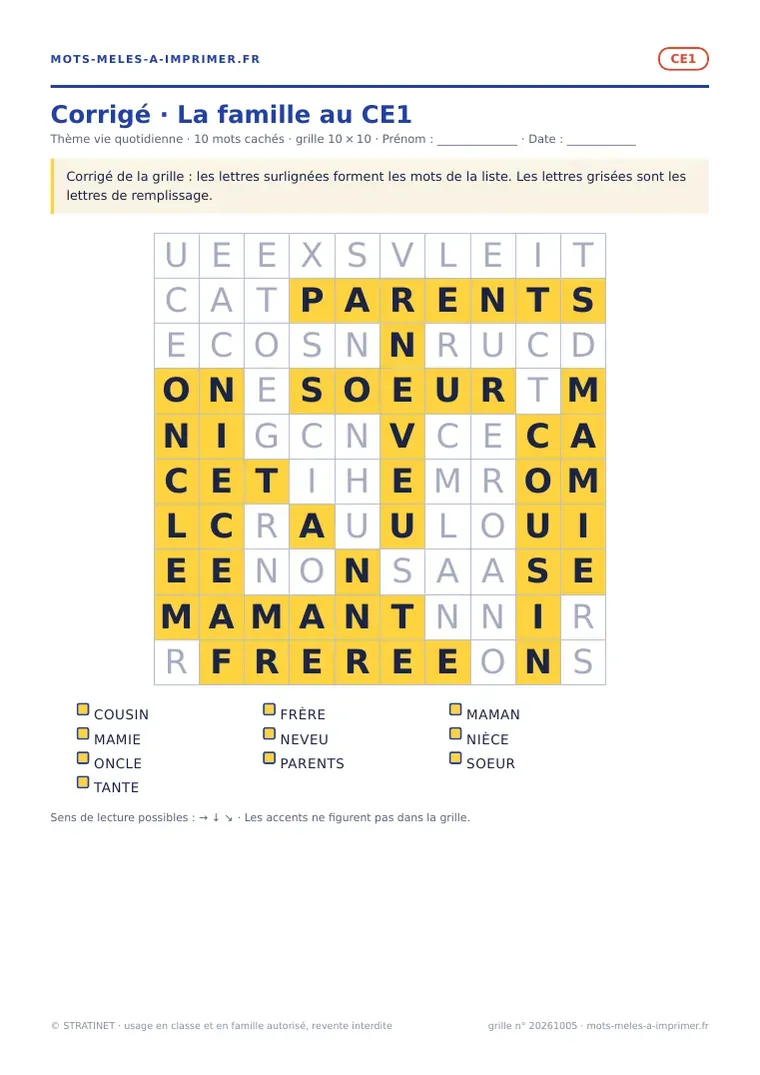 Rendu réel du corrigé de la fiche La famille au CE1