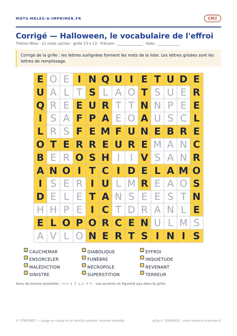 Rendu réel du corrigé de la fiche Halloween, le vocabulaire de l'effroi