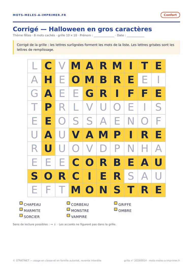 Rendu réel du corrigé de la fiche Halloween en gros caractères