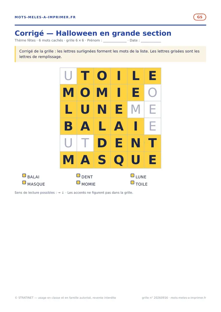 Rendu réel du corrigé de la fiche Halloween en grande section