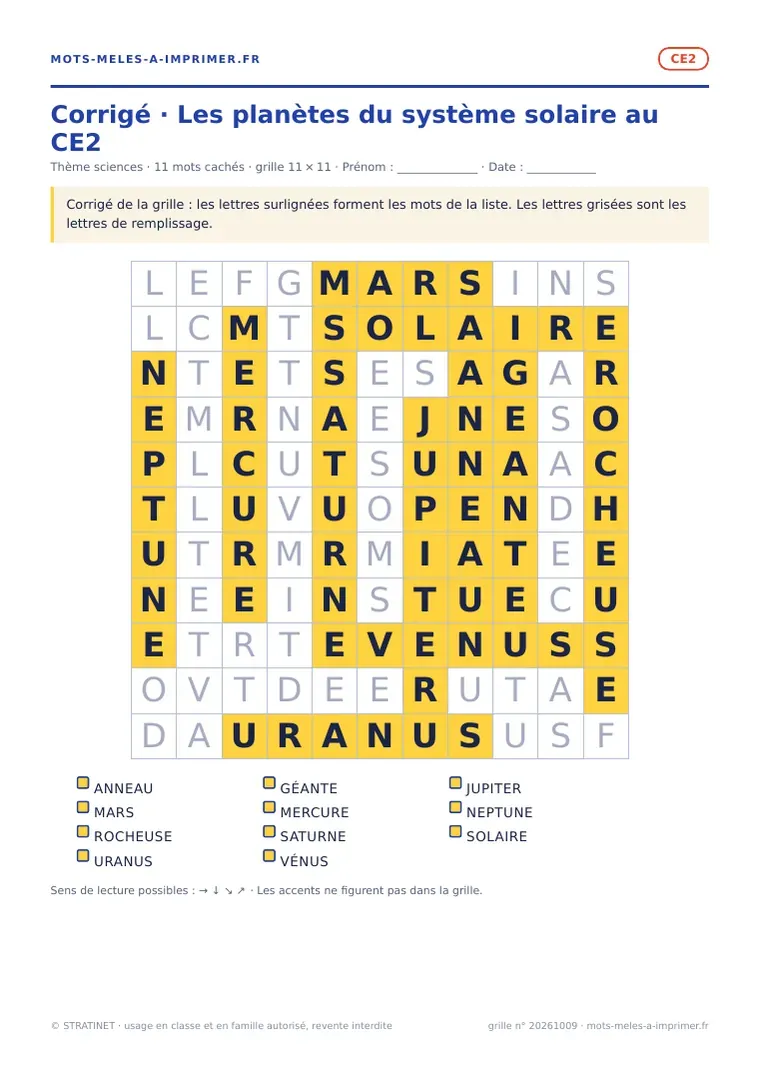 Rendu réel du corrigé de la fiche Les planètes du système solaire au CE2