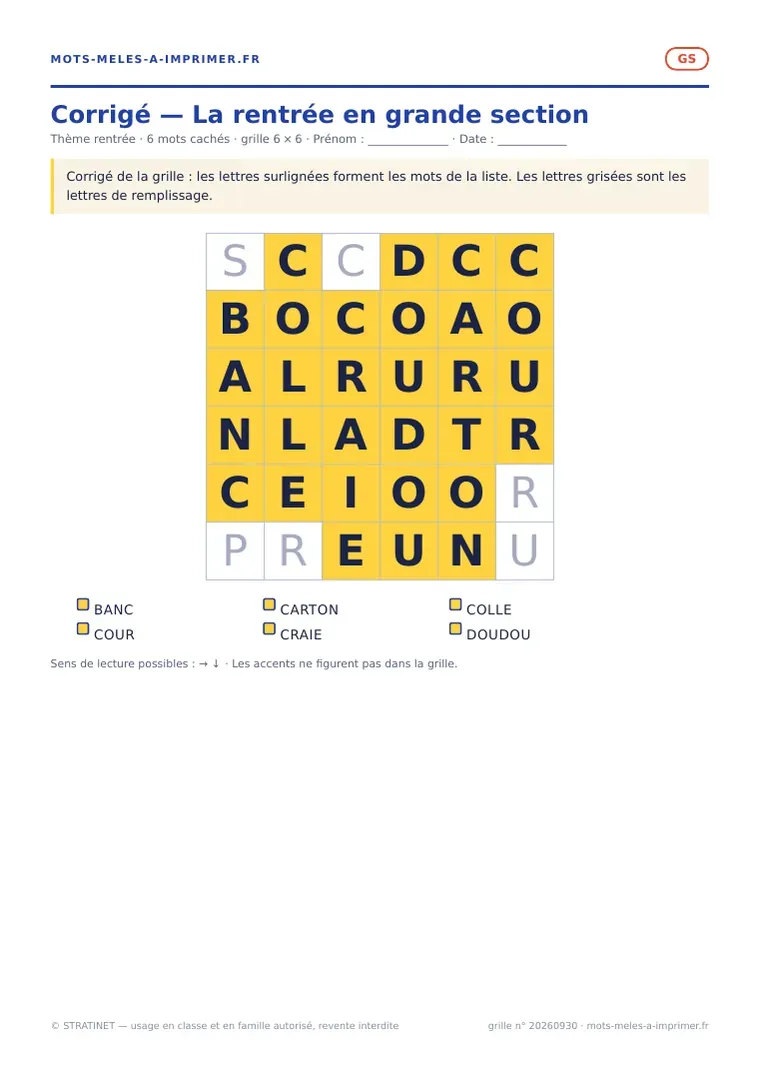 Rendu réel du corrigé de la fiche La rentrée en grande section
