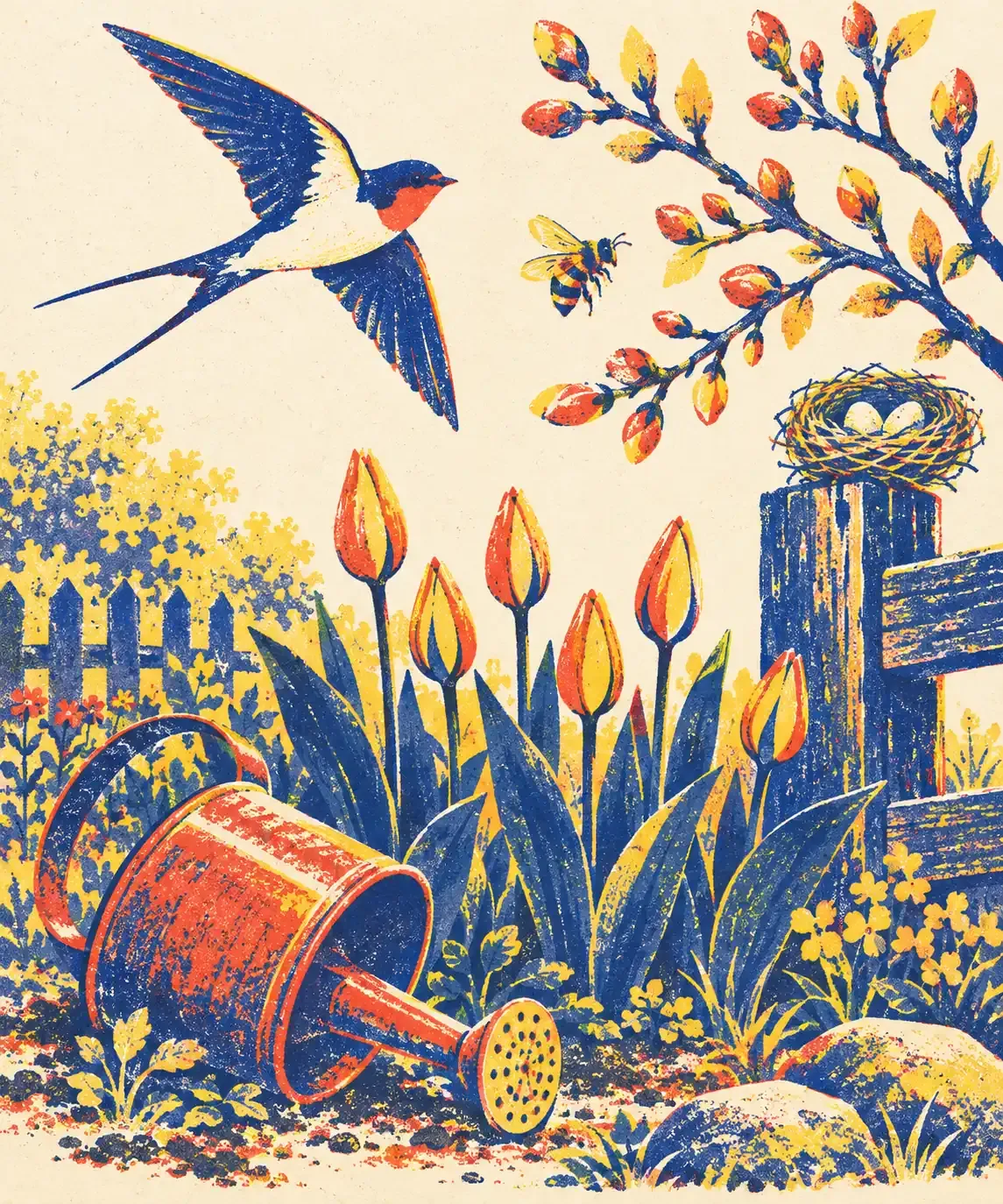 Illustration en risographie trois couleurs (bleu encre, rouge tomate, jaune surligneur) sur fond papier crème : un papillon, une tulipe et un arrosoir dans un jardin de printemps.
