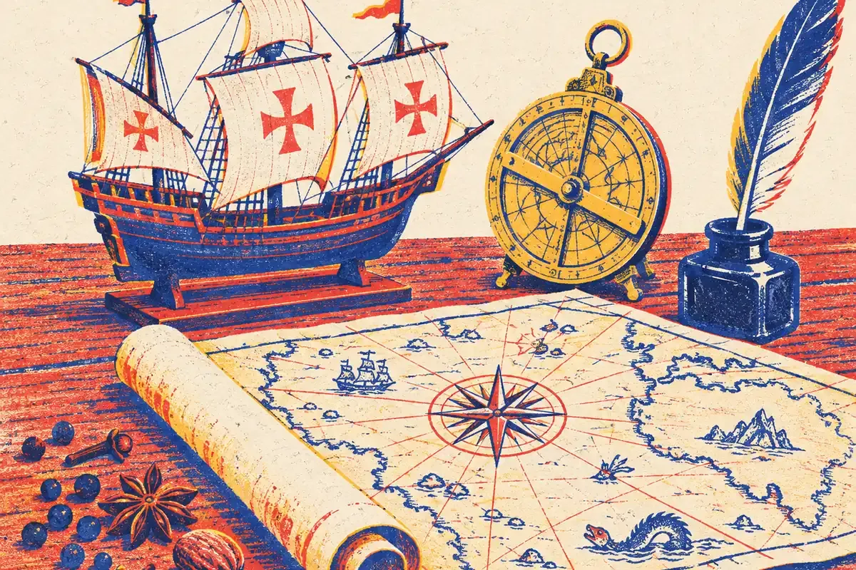 Caravelle, astrolabe et carte marine ancienne autour d'une grille de mots fléchés sur la Renaissance