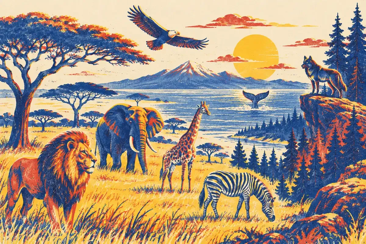Illustration d'animaux sauvages : lion, éléphant, girafe, zèbre, aigle et loup