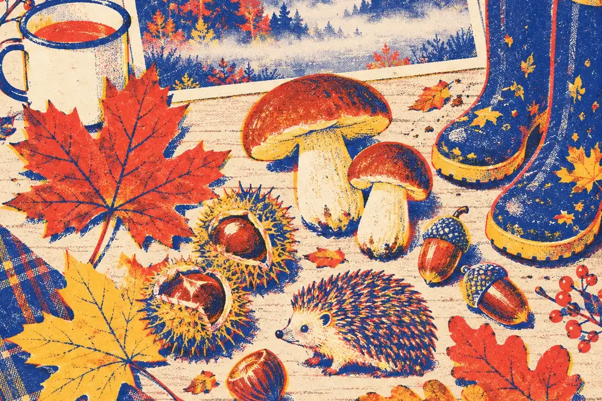 Feuilles d'érable, châtaignes et champignons autour d'une grille de mots fléchés d'automne