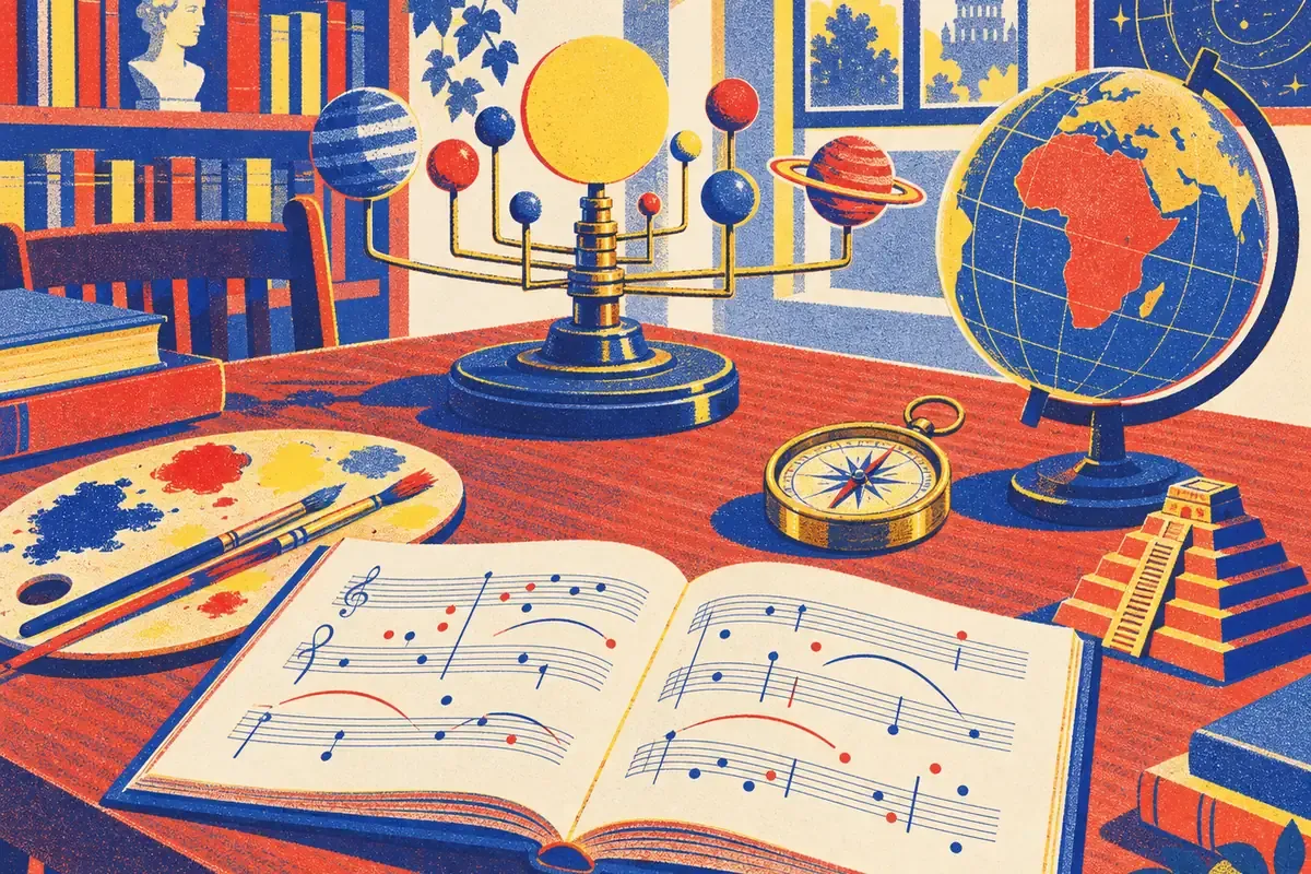 Illustration de culture générale : partition, palette de peintre, planètes, globe, boussole et pyramide