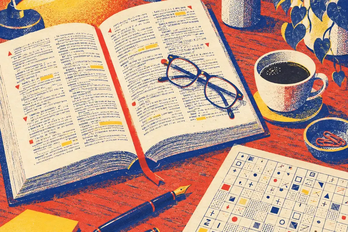 Dictionnaire ouvert, stylo et tasse de café à côté d'une grille de mots fléchés difficile