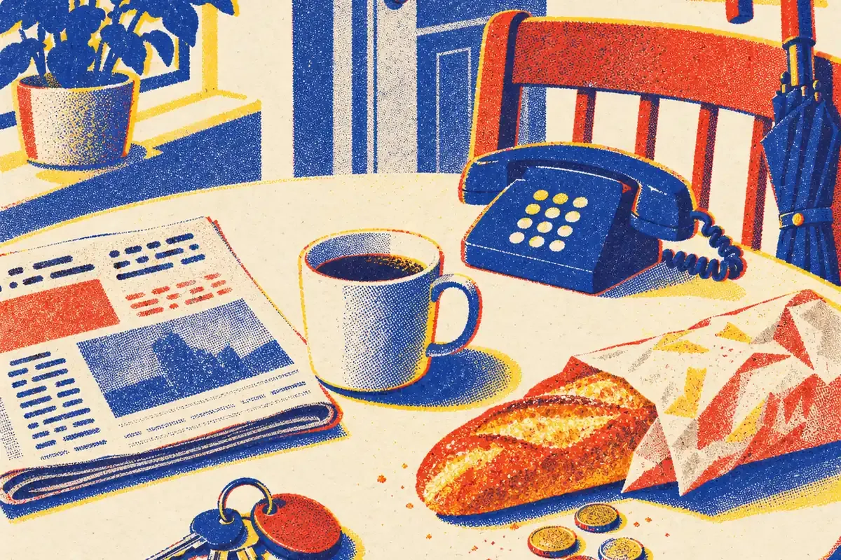 Illustration d'une table du matin : café, journal, clefs, parapluie, téléphone et monnaie