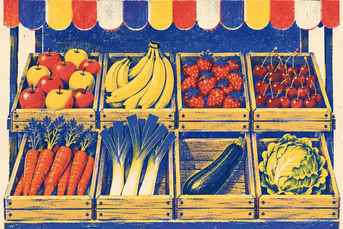 Illustration d'un étal de marché avec pommes, bananes, fraises, carottes, poireaux et salade