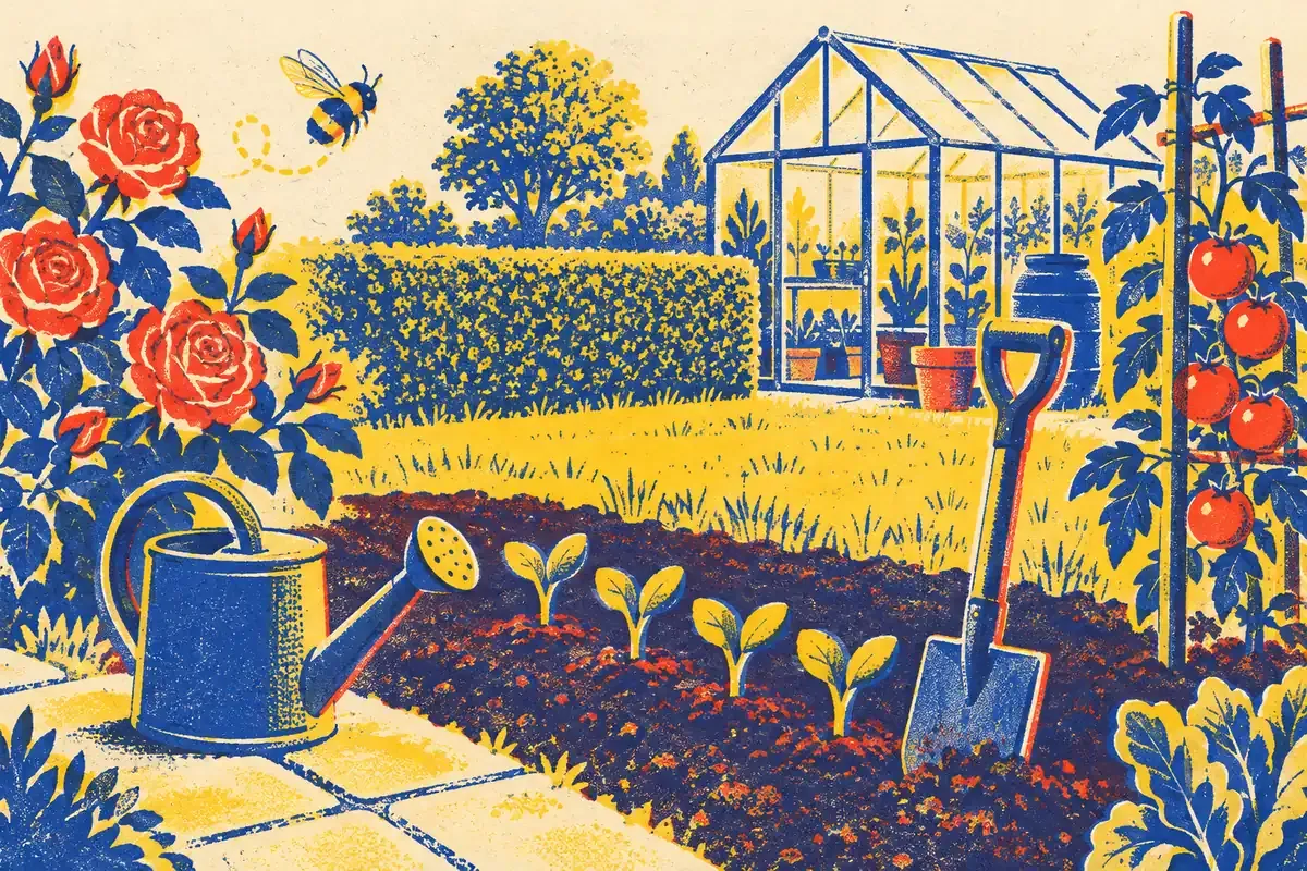 Illustration d'un coin de potager : arrosoir, bêche, semis, serre, haie, pied de tomate et abeille
