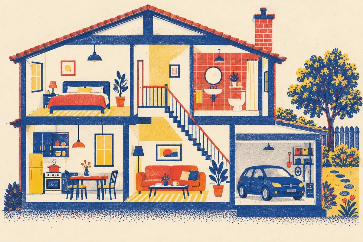 Illustration en coupe d'une maison : cuisine, chambre, salon, escalier, garage et jardin