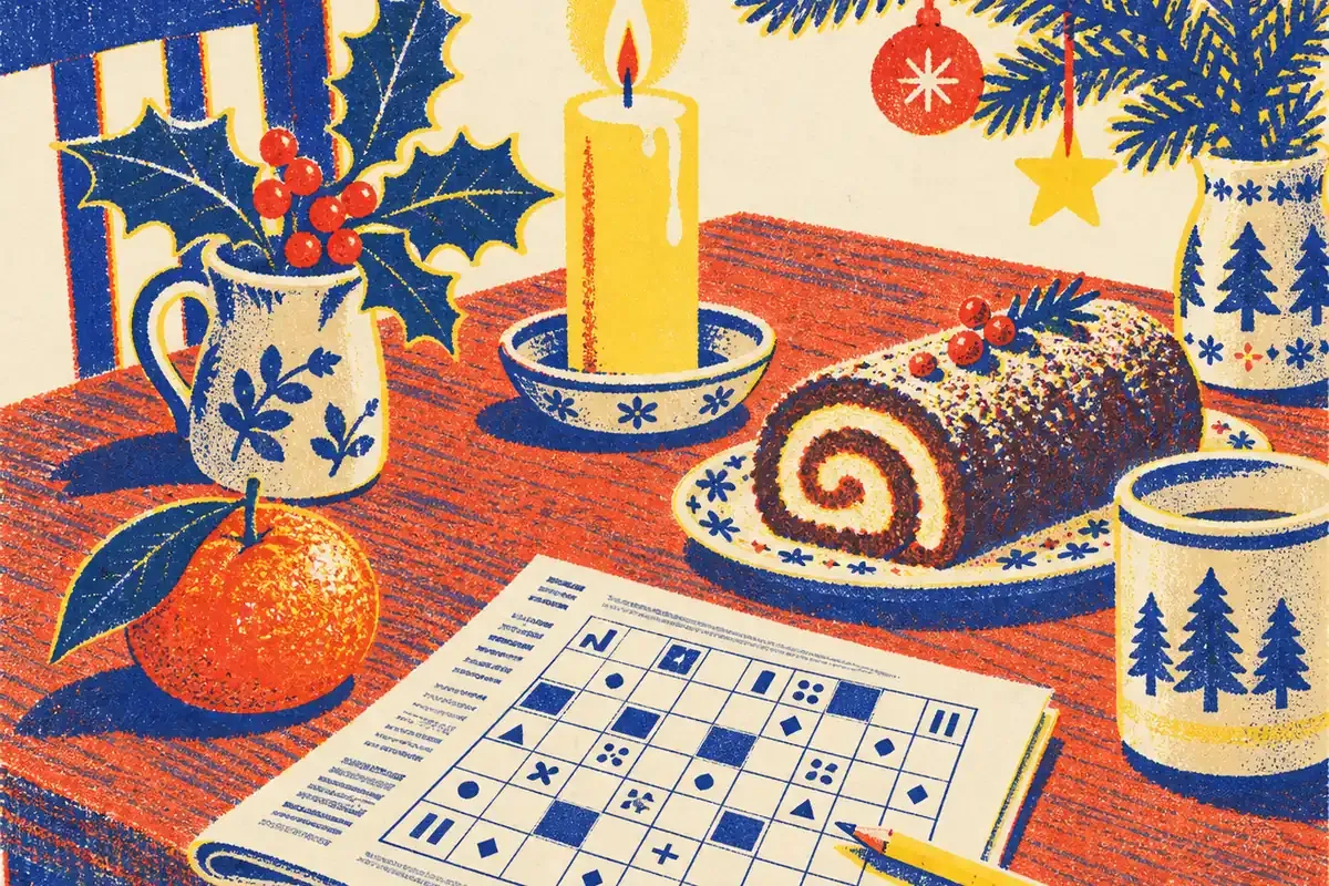 Table de fin d'année avec branche de houx, bougie et grille de mots fléchés à remplir