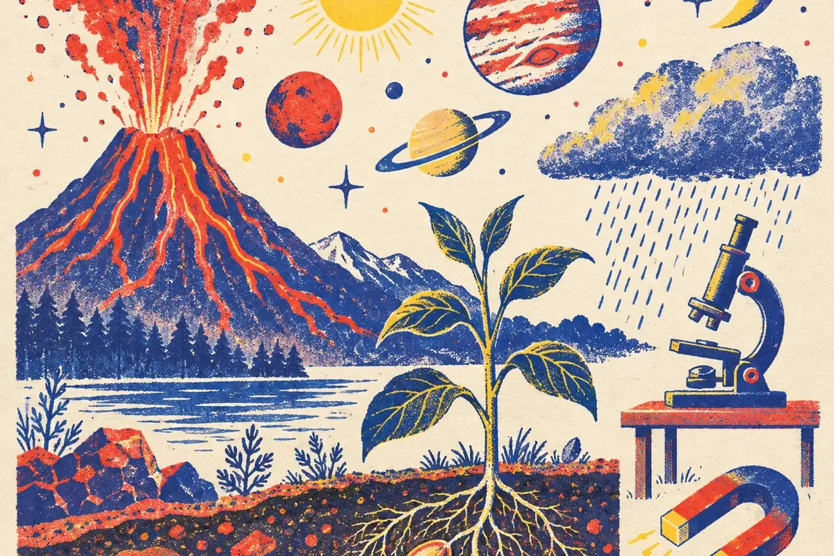 Illustration de sciences : volcan, planètes, nuage de pluie, plante avec ses racines, microscope et aimant