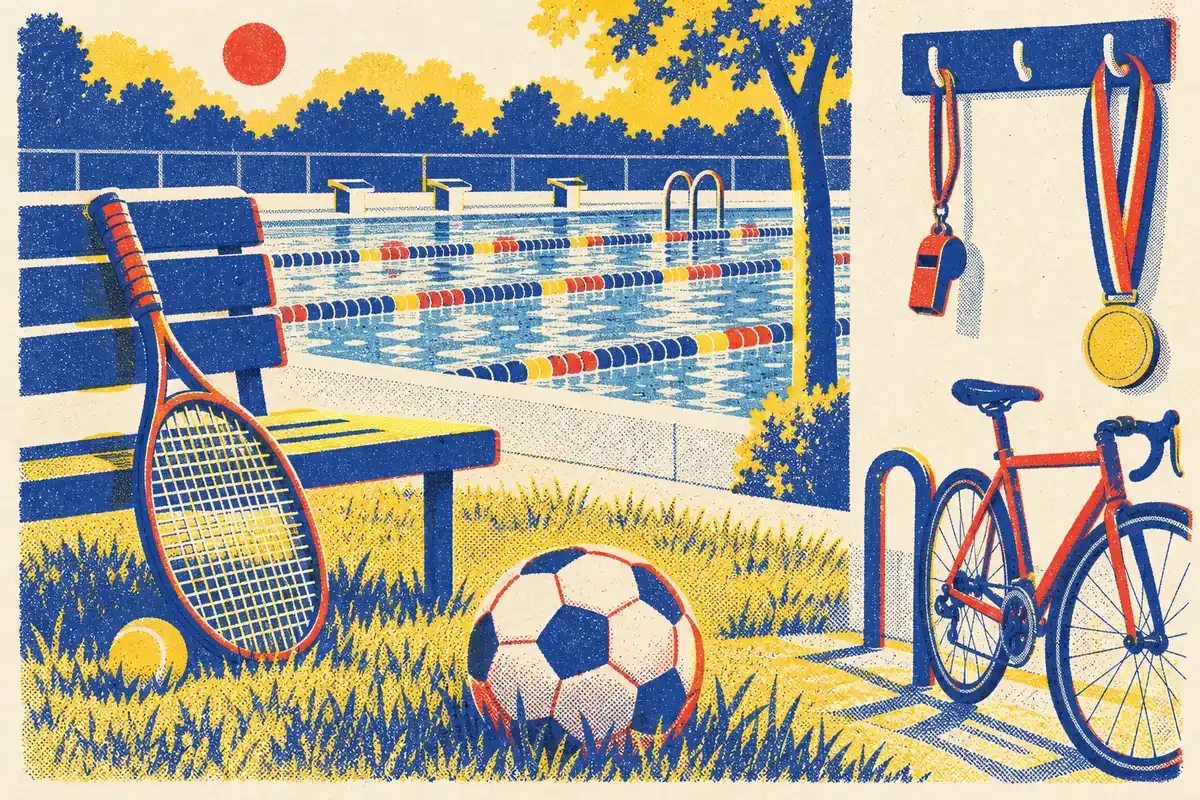 Illustration de matériel de sport : ballon, raquette, vélo, lignes de piscine, sifflet et médaille