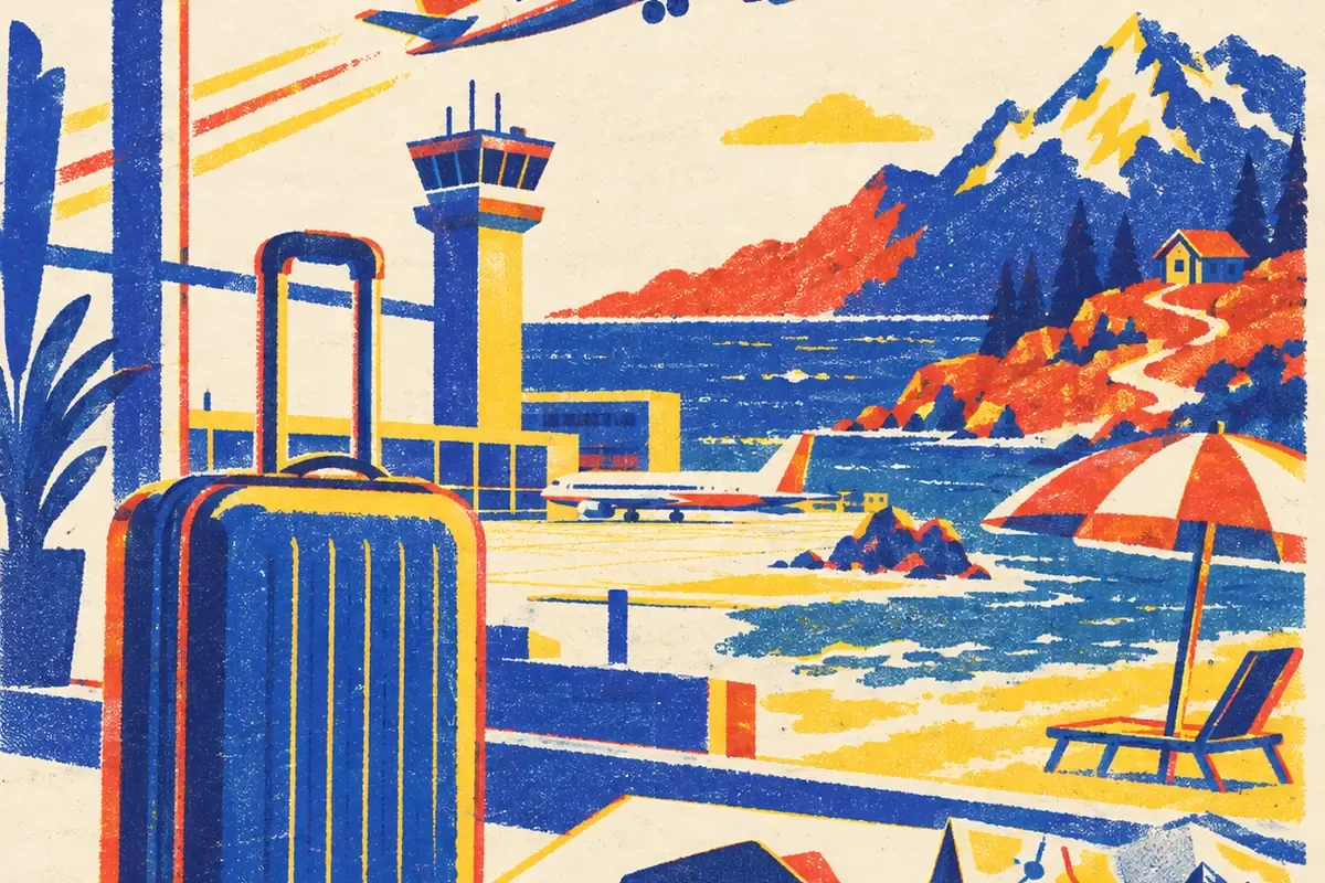 Illustration de voyage : valise à roulettes, avion au décollage, passeport, billet et carte routière