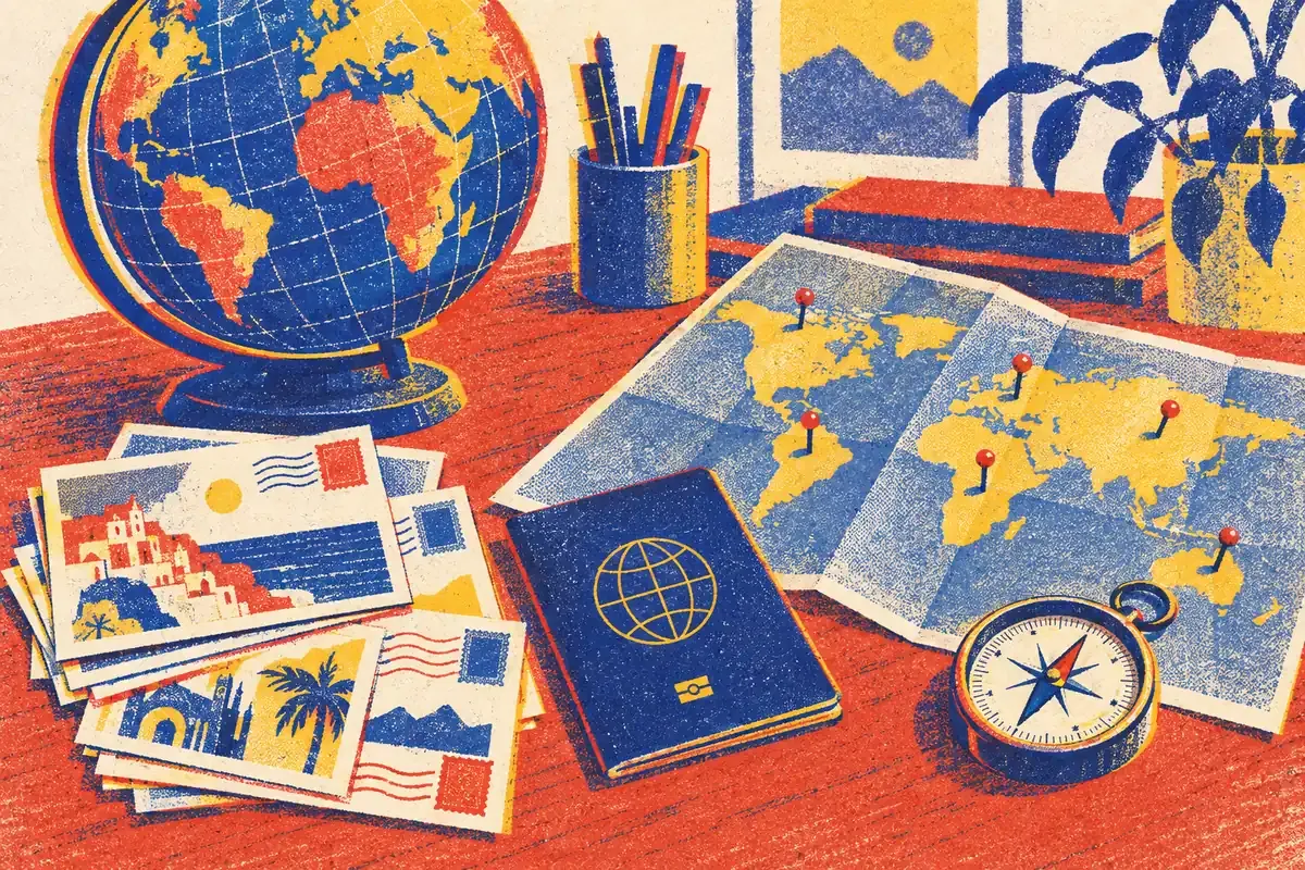 Un globe terrestre stylisé est piqué de petits repères en forme de pastille à l'emplacement de plusieurs capitales, sur un fond quadrillé façon carte, dans les teintes crème, bleu encre, rouge tomate et jaune surligneur.