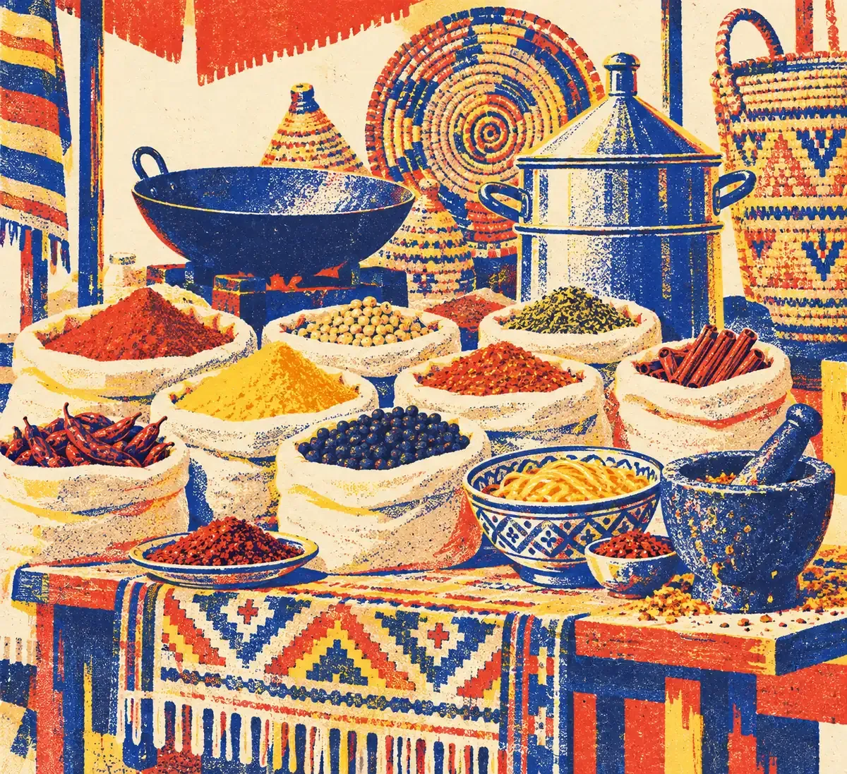 Une table vue de dessus rassemble un bol de bouillon fumant, des baguettes, une assiette de tortillas pliées et de petits tas d'épices colorés, dans les teintes crème, bleu encre, rouge tomate et jaune surligneur.