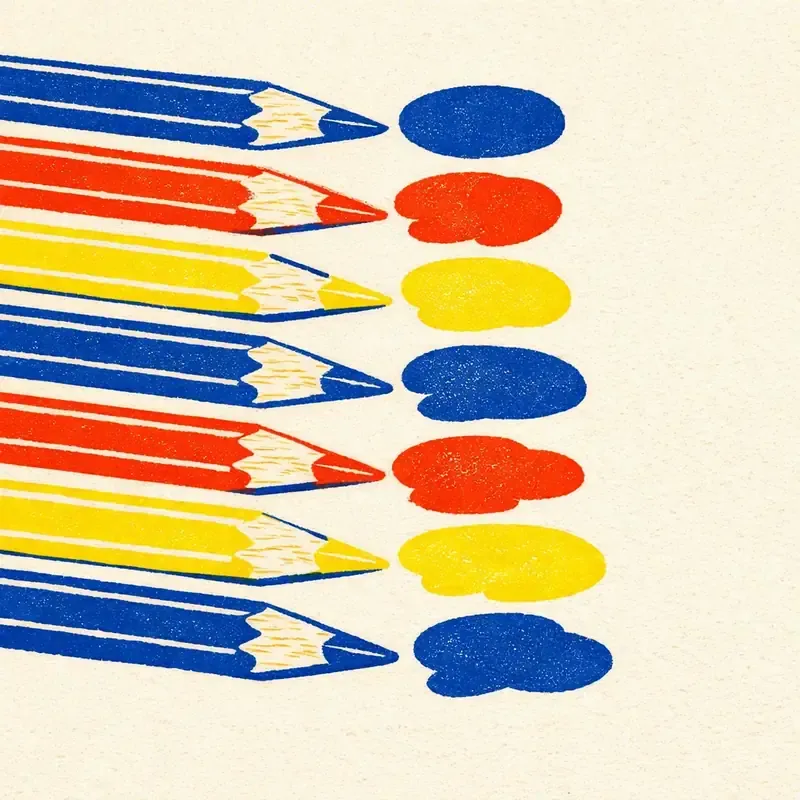 Illustration nuancier de dix pastilles colorées disposées en cercle autour d'un pinceau