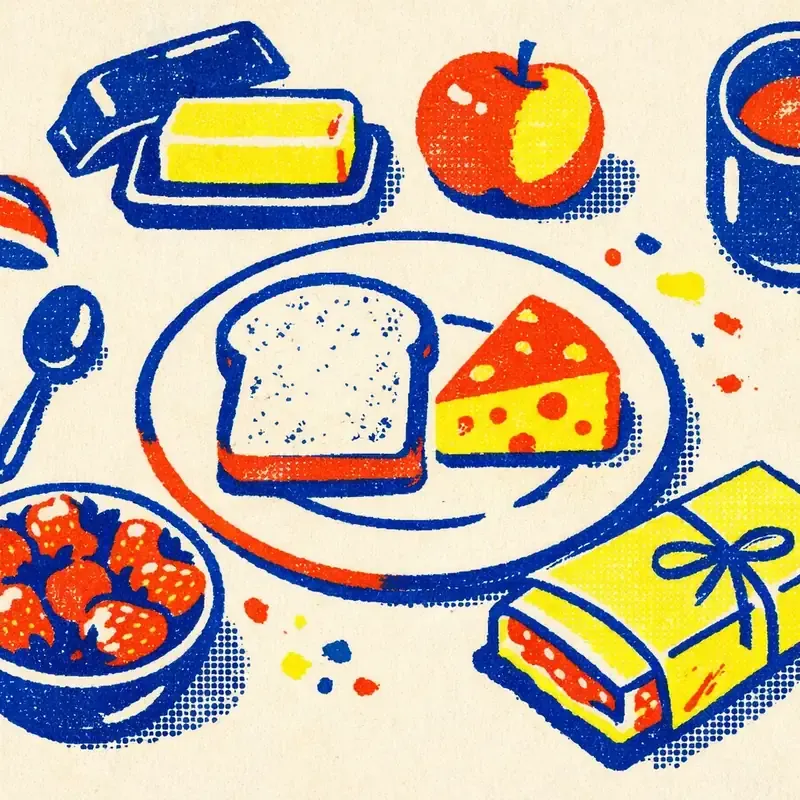 Illustration plateau de petit-déjeuner avec pain, fromage, une pomme et un bol posés sur une nappe